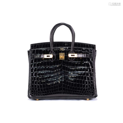 HERMES BIRKIN 25 BLACK NILOTICUS LEATHER WITH GOLD HARDWARE