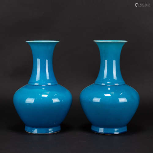 A PAIR OF CHINESE PEACOCK BLUE 'PHOENIX TAIL' VASE, 20TH CEN...