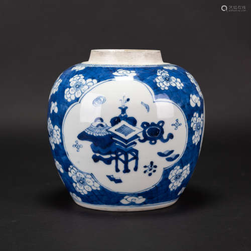 CHINESE BLUE AND WHITE 'PLUM BOSSOM' JAR WITH DOUBLE CIRCLE ...