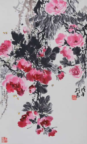 王培东(b.1941) 蔷薇蜜蜂 1978年作 设色纸本 立轴
