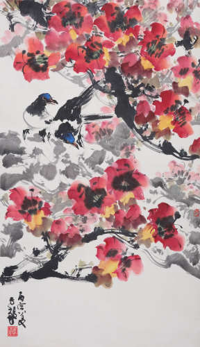 陈子毅(1919-2019) 山茶双雀 1986年作 设色纸本 立轴