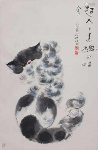 曹今奇(b.1936) 猫趣  设色纸本 立轴