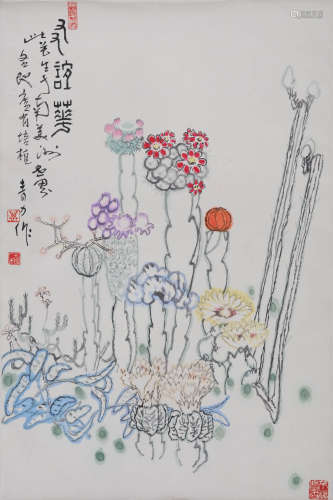 万青力(1945-2017) 友谊花  设色纸本 立轴