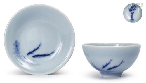 曉芳窯 早期天藍釉魚藻紋杯組