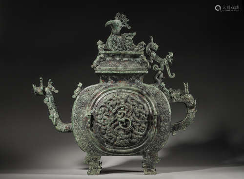 A kui dragon and phoenix bird patterned bronze pot,Han Dynas...