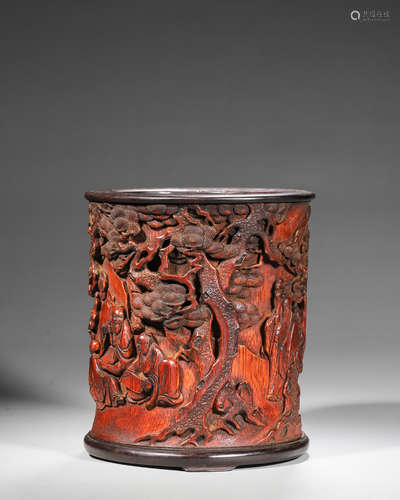 A figure carved bamboo brush pot,Qing Dynasty,China