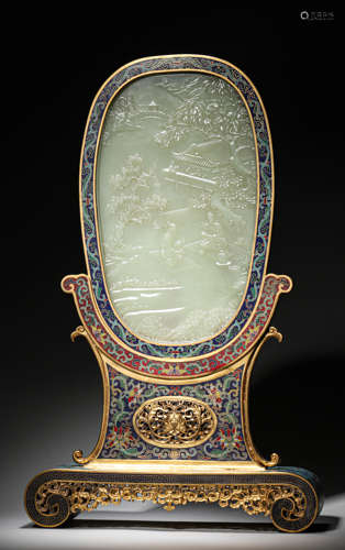 A figure patterned jade-inlaid cloisonne screen,Qing Dynasty...