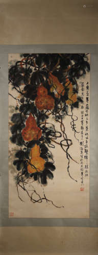 A Chinese hanging scroll painting of gourd, Liu Haisu mark