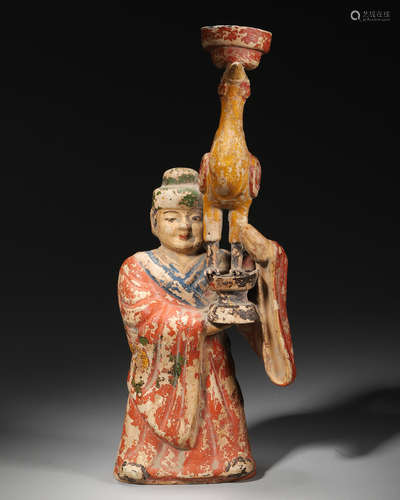 A painted copper figurine candlestick,Tang Dynasty,China