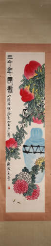 A Chinese hanging scroll painting of peach and flower, Qi Ba...