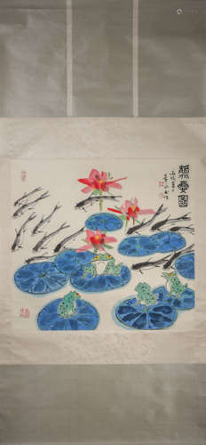 A Chinese hanging scroll painting of lotus pond, Huang Yongy...