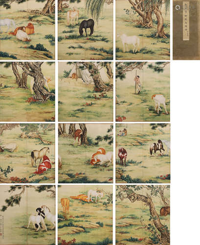 12 pages of Chinese painting of horse herding, Lang Shining ...