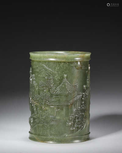 A landscape and figure patterned jade brush pot,Qing Dynasty...