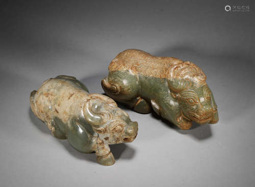 A pair of jade cattle ornaments,Han Dynasty,China