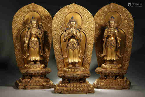 A set of 3 gilding copper buddha statues