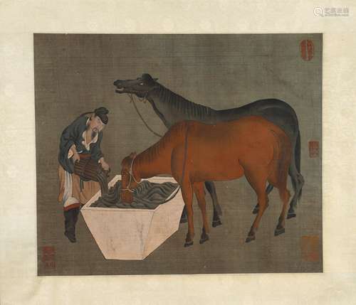 A Chinese silk scroll painting of horse feeding, Unknown mar...