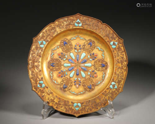 A flower patterned gem-inlaid gilding silver plate,Tang Dyna...