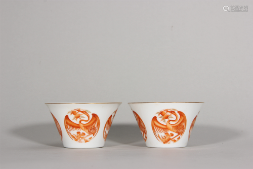 A pair of iron red phoenix patterned porcelain cups,Qing Dyn...