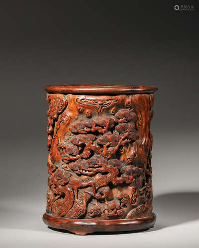 A pine and crane carved bamboo brush pot,Qing Dynasty,China