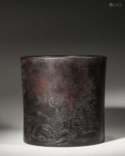 A landscape inscribed red sandalwood brush pot,Qing Dynasty,...