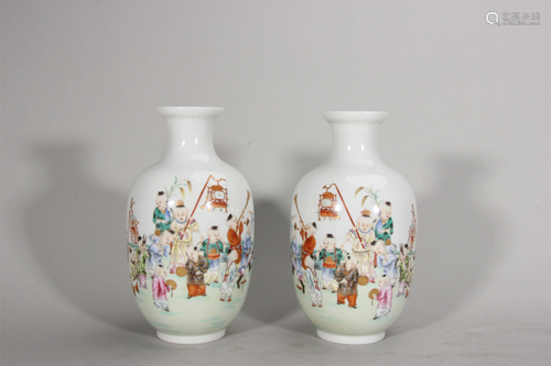 A pair of famille rose figure porcelain lantern shaped vases...