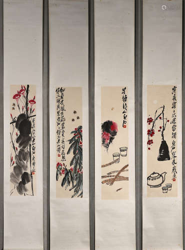 The Chinese flower-and-plant hanging scroll painting, Qi Bai...