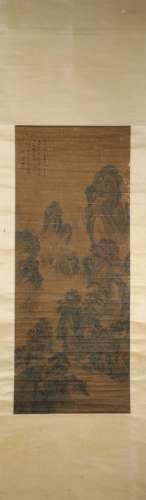 A Chinese landscape hanging silk scroll painting, Wangjian m...