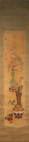 A Chinese hanging silk scroll painting, Jiang Tingxi mark,Qi...