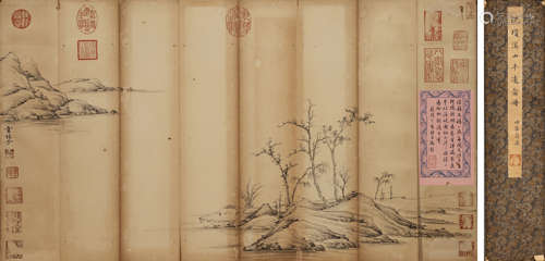 8 pages of Chinese landscape painting, Nizan mark,Yuan Dynas...