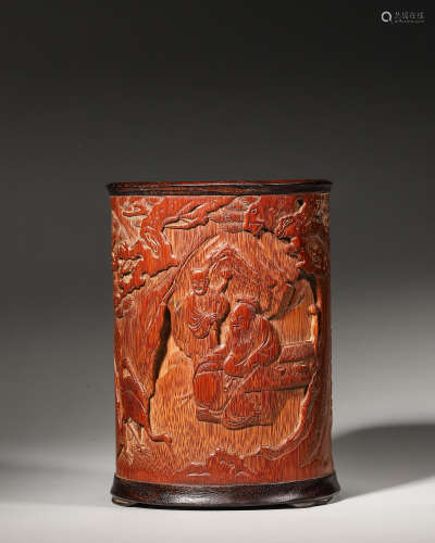 A figure, pine and crane carved bamboo brush pot,Qing Dynast...