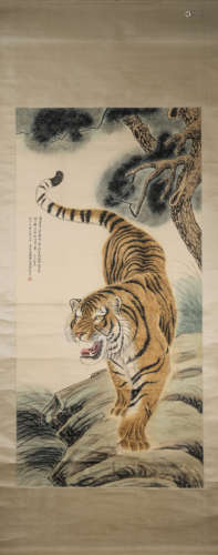 A Chinese hanging scroll painting of tiger, Zhang Shanzi mar...