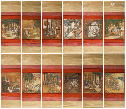 12 Chinese figure silk scroll paintings, Chouying mark,Ming ...