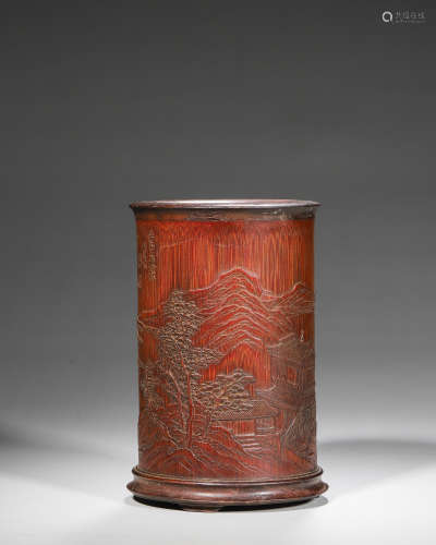 A landscape and pavilion carved bamboo brush pot,Qing Dynast...
