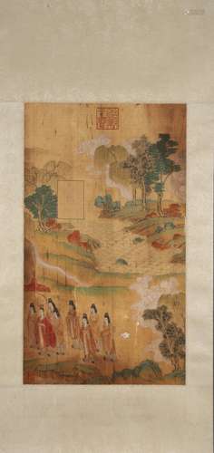 A Chinese silk scroll painting of figure, Unknown mark