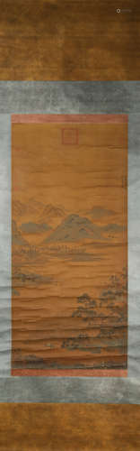 A Chinese landscape hanging silk scroll painting, Chouying m...