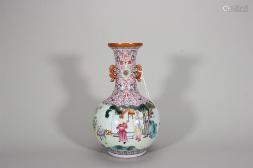 A famille rose figure porcelain double-eared vase,Qing Dynas...