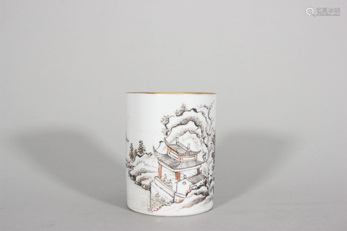 A landscape patterned porcelain brush pot,Qing Dynasty,China