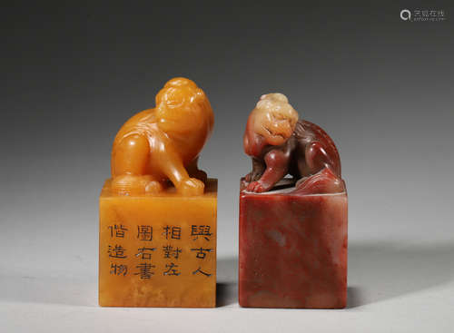 A pair of Shoushan soapstone beast seals,Qing Dynasty,China