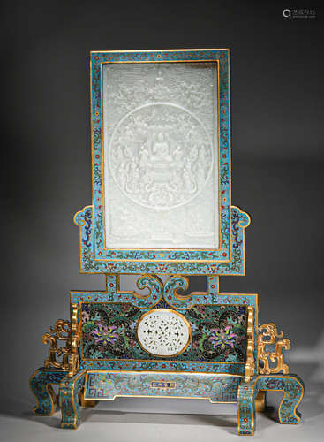 A figure patterned jade-inlaid cloisonne screen,Qing Dynasty...