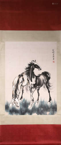 A Chinese hanging scroll painting of horse, Xu Beihong mark