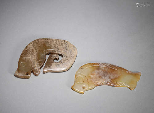 A pair of fish shaped jade pendants,Han Dynasty,China