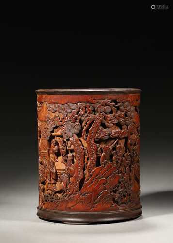 A figure carved bamboo brush pot,Qing Dynasty,China