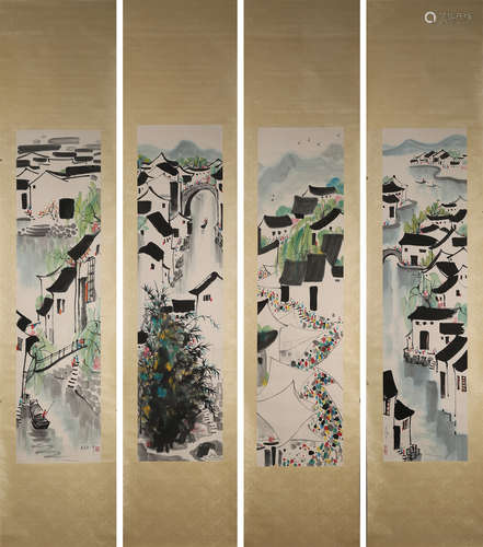 4 hanging scrolls of Chinese landscape painting, Wu Guanzhon...