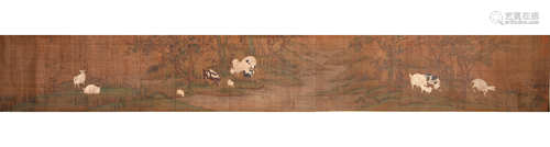 A Chinese silk scroll painting of sheep flocks, Unknown mark