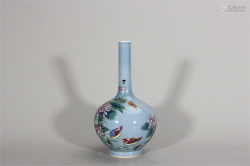 A famille rose mandarin duck and lotus patterned blue glaze ...