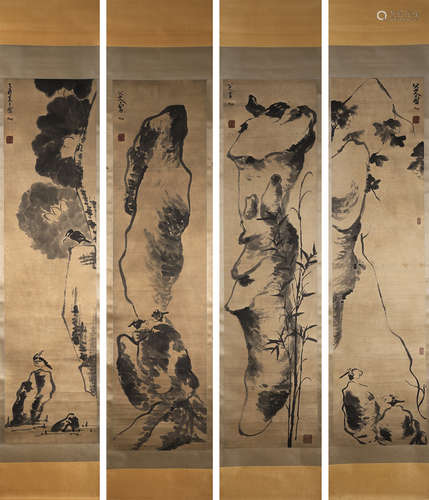 4 hanging scrolls of Chinese bird painting, Zhuda mark,Ming ...