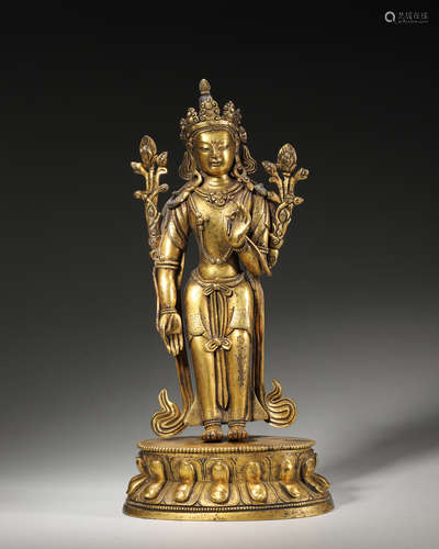 A gilding copper standing Guanyin statue,Qing Dynasty,China