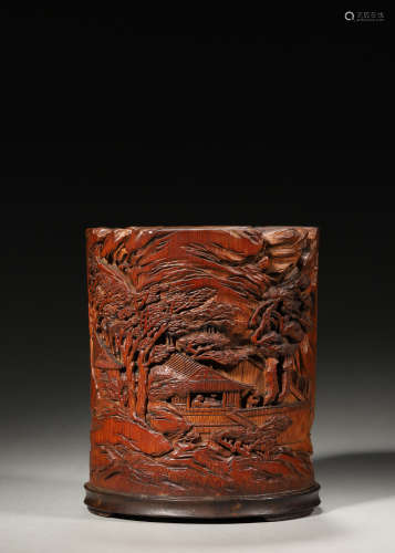 A figure carved bamboo brush pot,Qing Dynasty,China