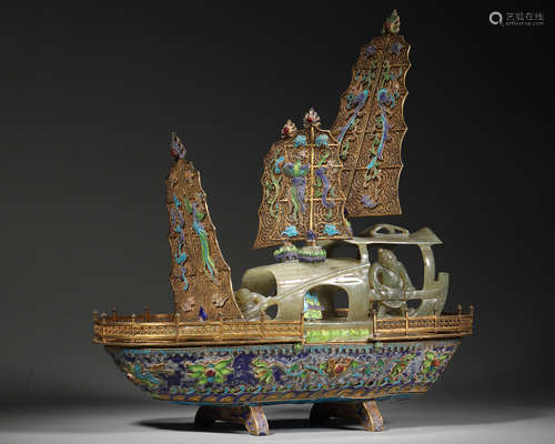 A gilding silver enamel jade-inlaid boat,Qing Dynasty,China