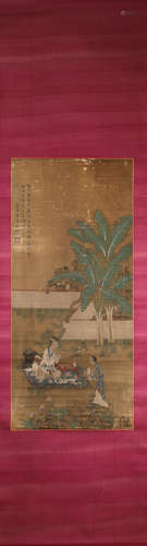 A Chinese hanging silk scroll painting of figure, Tangyin ma...